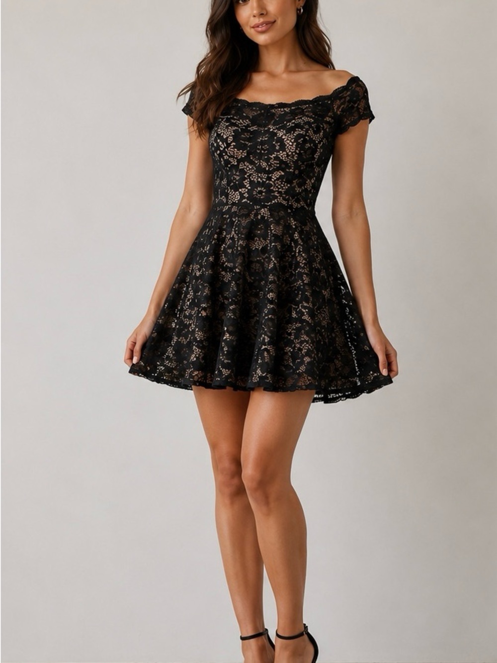 B Darlin Black Lace Off-Shoulder Skater Dress